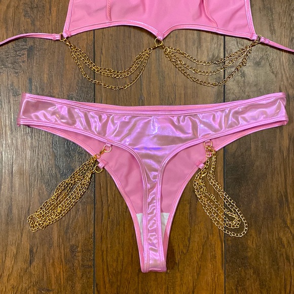 Pink Holographic Chain Decor Rave Bikini Set - Picture 7 of 7